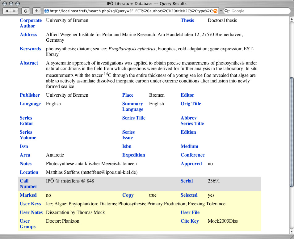 screenshot: user-specific fields